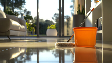 mop and bucket sit on a shiny tiled floor ready for cleaning.  AI generative