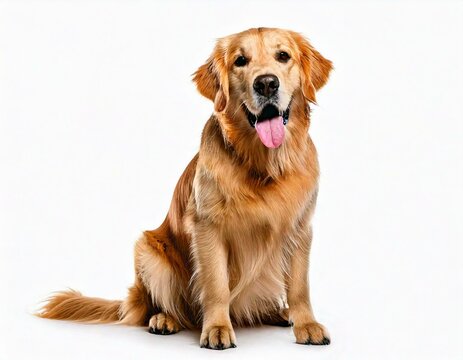  Happy sitting and panting Golden retriever dog looking at camera