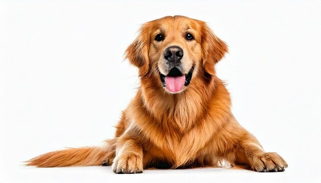  Happy sitting and panting Golden retriever dog looking at camera