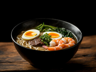 Indonesian noodle soup with beef tofu shrimp vegetables and egg in a white bowl on the wooden table.