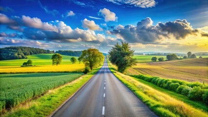 Obraz premium Serene Countryside Road Landscape with Lush Fields and Open Sky, Ideal for Tranquil Nature Scenes and Road Trip Inspirations