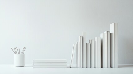 Obraz premium Monochromatic Minimalist Bookshelf Still Life: A Study in White