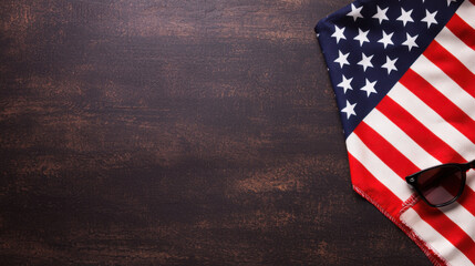 An American flag drapes over a dark wooden surface, paired with sunglasses, suggesting a patriotic theme and a casual, summer vibe.
