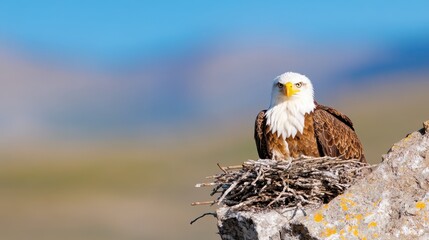 Majestic eagle surveys its nest from a towering cliff against a clear sky