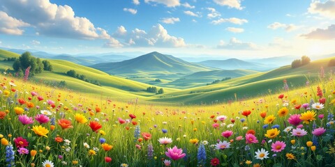 Panoramic Valley of Flowers with Mountain View in Spring