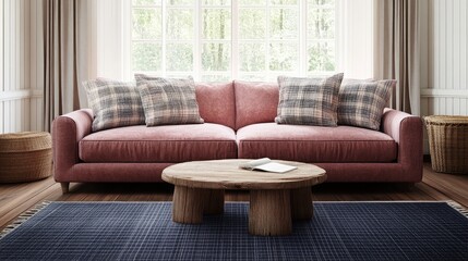 A modern farmhouse living room featuring a dusty rose-colored couch, rustic plaid pillows, and a rich navy blue rug