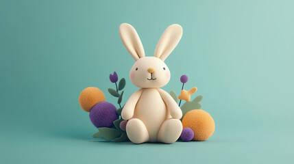 Obraz premium Cute bunny character surrounded by plants and flowers