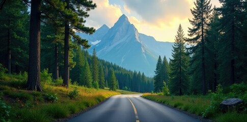 Forest road winding through trees with a mountain range in the background, clouds, wildlife, mountain range