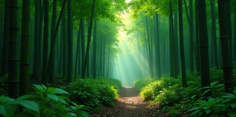 Fototapeta premium Forest trail winding through misty bamboo forest, lush, forest, trail