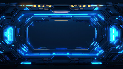 A futuristic 3D render of a HUD digital frame featuring glowing blue lines, highlighting the advanced and innovative aspects of digital design