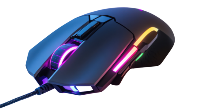 Modern gaming mouse with rgb lighting on transparent background