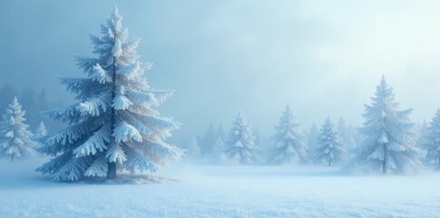 Frosty mist veils snow-clad trees in pale blue hush, snow, hazy, blue