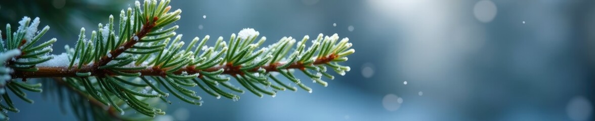 Fototapeta premium Frosty morning air settles around a bare green spruce branch, , snowflakes