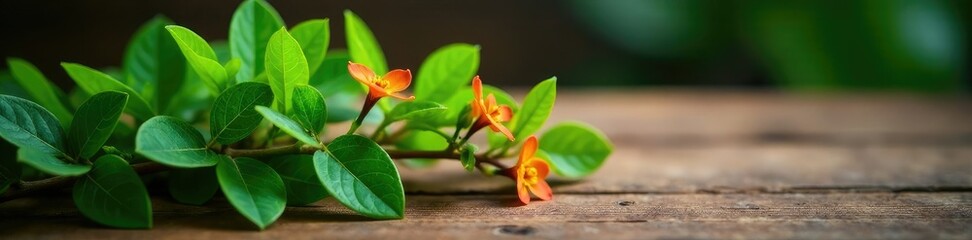 Leafy greens and stems of Rangoon Creeper Flower on a wooden table, rangoon creeper,