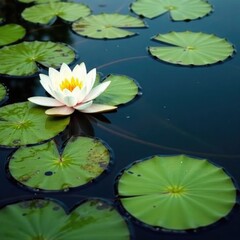 Lily pads and water lilies adorn a peaceful pond surface, reflection, pond