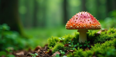 Lush spruce needles surround a large mushroom, forest floor, greenery