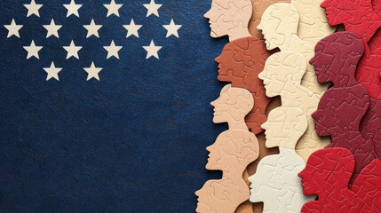 The image features a silhouette collage of diverse heads next to a stylized American flag, symbolizing unity and diversity.