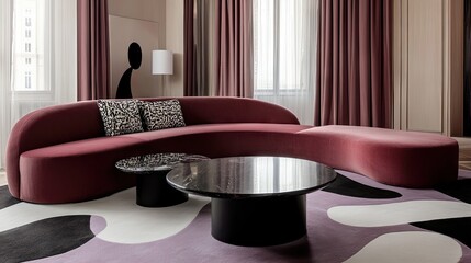 A sleek living room with a magenta velvet sofa, black-and-white patterned cushions, and a soft lavender rug