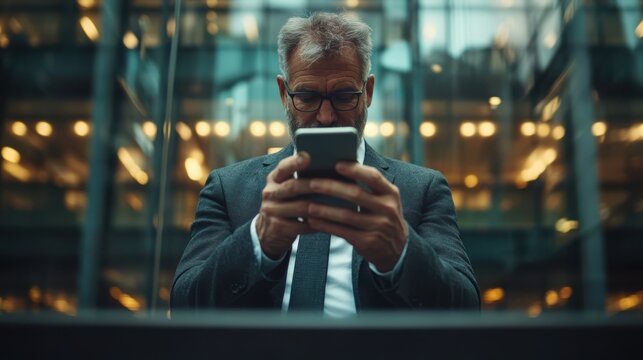 Businessman reviews updates on phone while planning from balcony office
