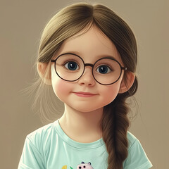 Adorable Cartoon Portrait &ndash; Cute Little Girl with Glasses and Braided Hair
