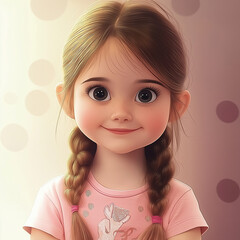 Adorable Cartoon Portrait &ndash; Cute Little Girl with Braids and Big Eyes