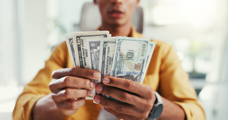 Man, hands and counting money in office, funding investment and account for financial revenue. Male...