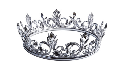 Silver crown with floral ornaments on transparent background representing royalty and power