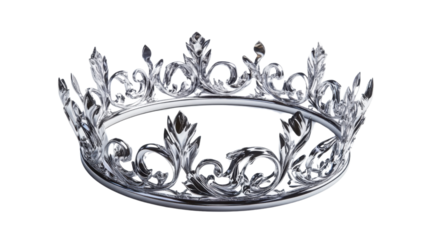 Silver crown with floral ornaments on transparent background representing royalty and power