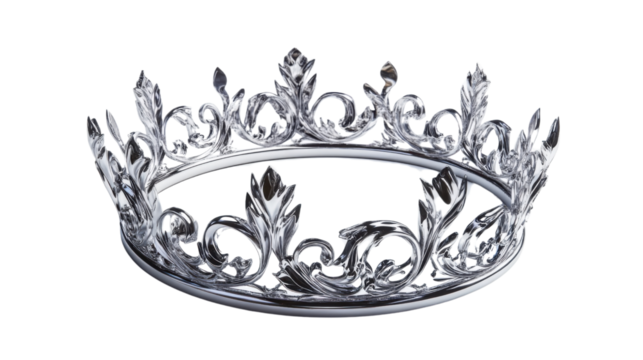 Silver crown with floral ornaments on transparent background representing royalty and power