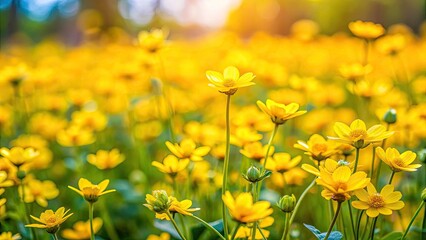 Fototapeta premium Vibrant Spring Yellow Wildflowers in a Colorful Nature Background for Scenic Panoramic Photography