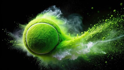 Double Exposure Tennis Ball Green Powder Motion Black Background Abstract Sport Photography