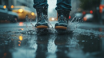 Rainy day fun! Person jumping in a puddle.