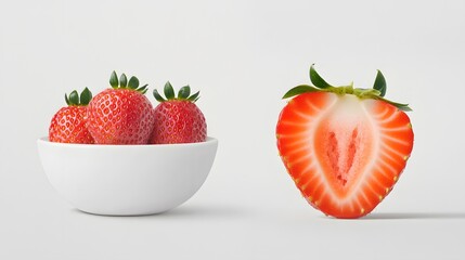 A bowl of ripe strawberries with one sliced in half