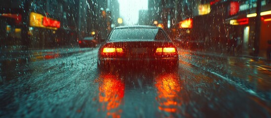 Rain-soaked city, car driving, night lights