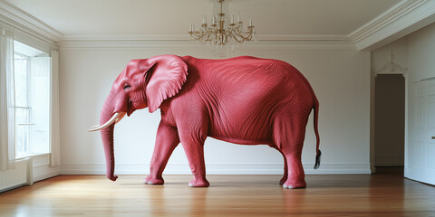 Pink elephant standing in elegant room. 