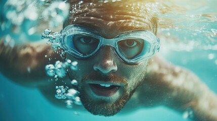 Fototapeta premium Young male swimmer exudes determination while gliding underwater