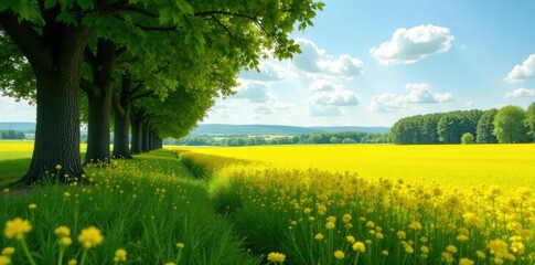 Fototapeta premium A grove of trees provides shade for a vast expanse of golden canola crops in a sunny meadow, flowers, trees, countryside