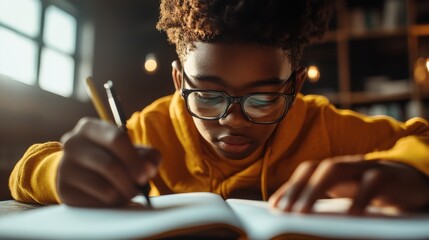 Black schoolboy focused on writing during a classroom lesson wearing a mask