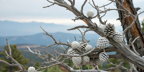 Close-up shot of white pinecones and twisted branches on a bare tree, tree branches, white foliage, pinecones