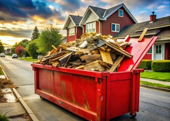 Red Dumpster Overflowing with Construction Debris on Residential Street