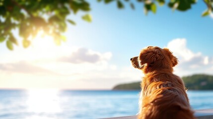 Golden retriever enjoying a stunning sunset by the serene beach