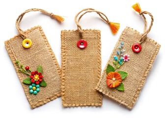 Rustic Sackcloth Tags with Decorative Elements on White Background - Stock Photo