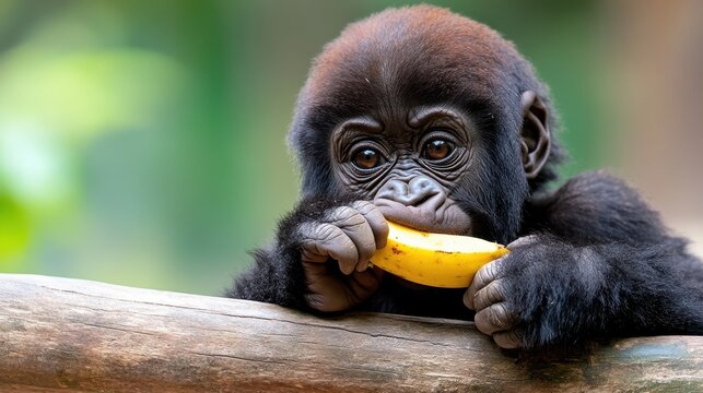 Baby gorilla enjoys a delicious banana while perched on a branch