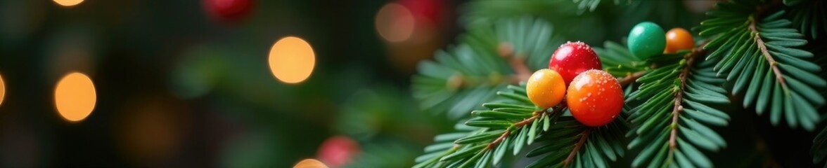 Colorful candy scattered on a festive Christmas tree branch, , decorated tree, festive atmosphere