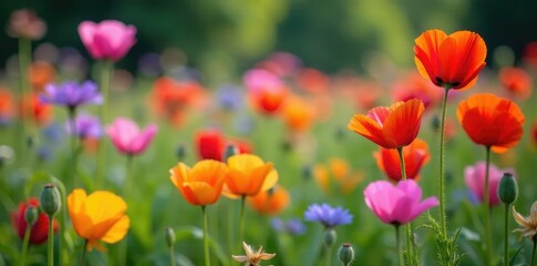 Fototapeta premium Colorful mix of cornflowers and poppies in a garden, poppy, garden