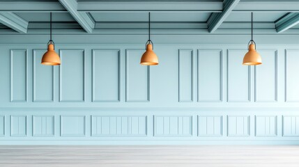 Modern minimalist interior space with blue paneling and stylish pendant lights creating a serene atmosphere for contemporary home or office design inspiration