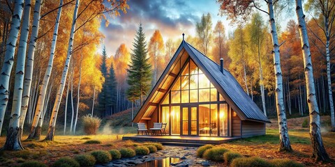Scandinavian Glamping Chalet: Autumn Birch Forest Double Exposure