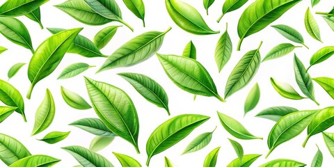 Seamless Pattern: Flying Green Tea Leaves on White Background - Stock Photo