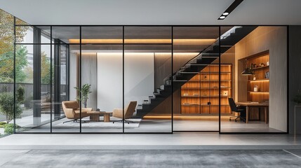 Modern home interior design, glass wall, staircase, office space, garden view