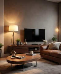 Coffee table with a stylish lamp in a cozy TV lounge, coffee table, home decor